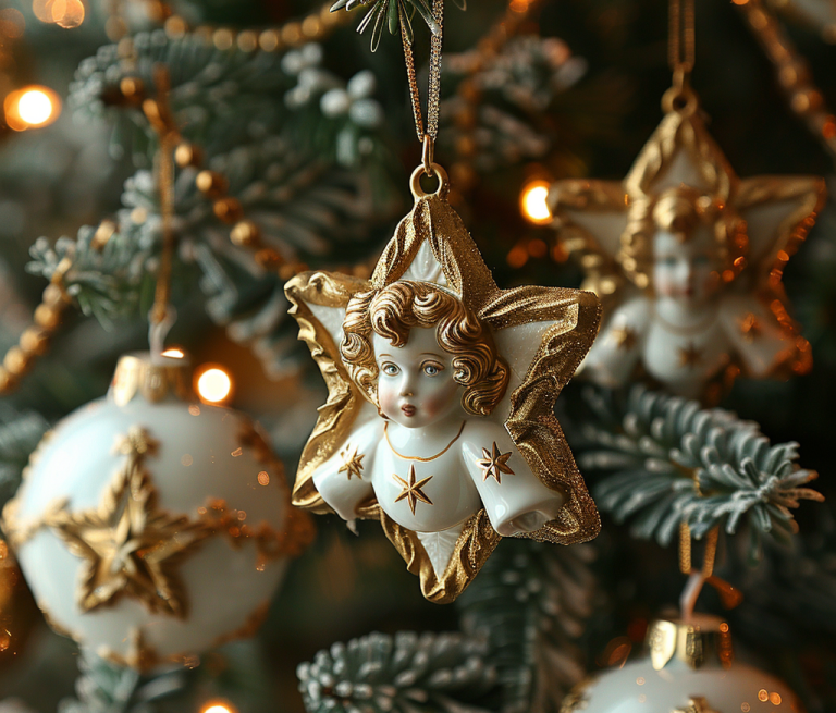 Edler Weihnachtsbaum-Schmuck mit goldverzierten Engeln und Kugeln