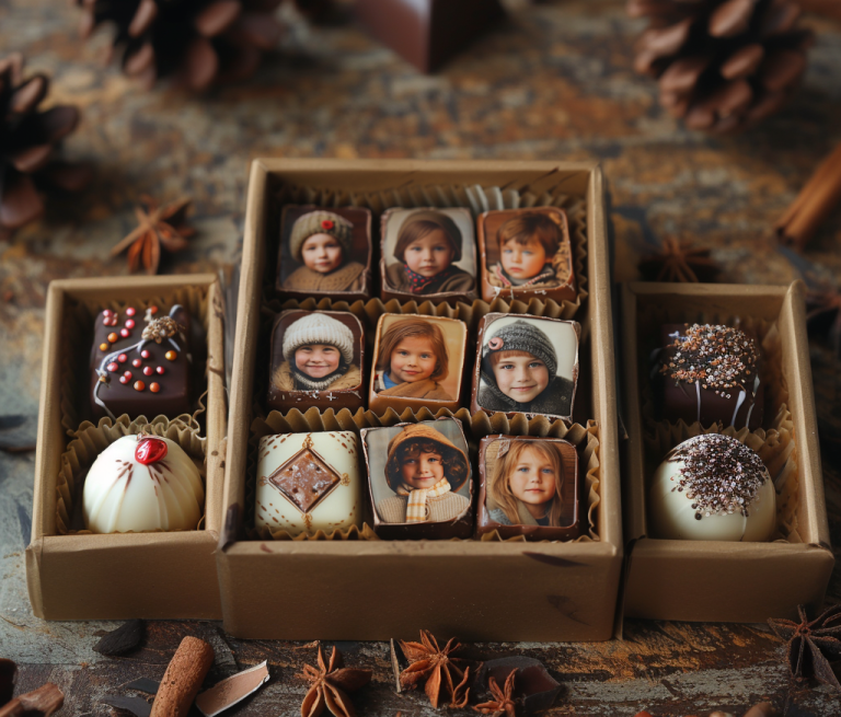 Eine Schachtel mit personalisierten Schokoladenpralinen, die mit Kinderfotos verziert sind