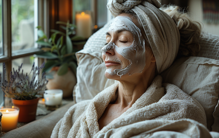 Frau mit Gesichtsmaske und Handtuch auf dem Kopf genießt eine Wellnessbehandlung zu Hause