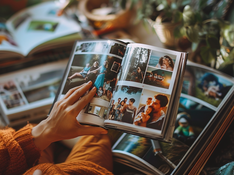 Hand, die durch ein Fotobuch blättert, gefüllt mit wertvollen Erinnerungen und schönen Momenten. Perfektes Geschenk für jeden Anlass.