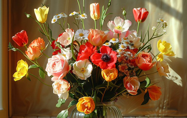 Bunter Blumenstrauß mit verschiedenen Blumen in einer Vase