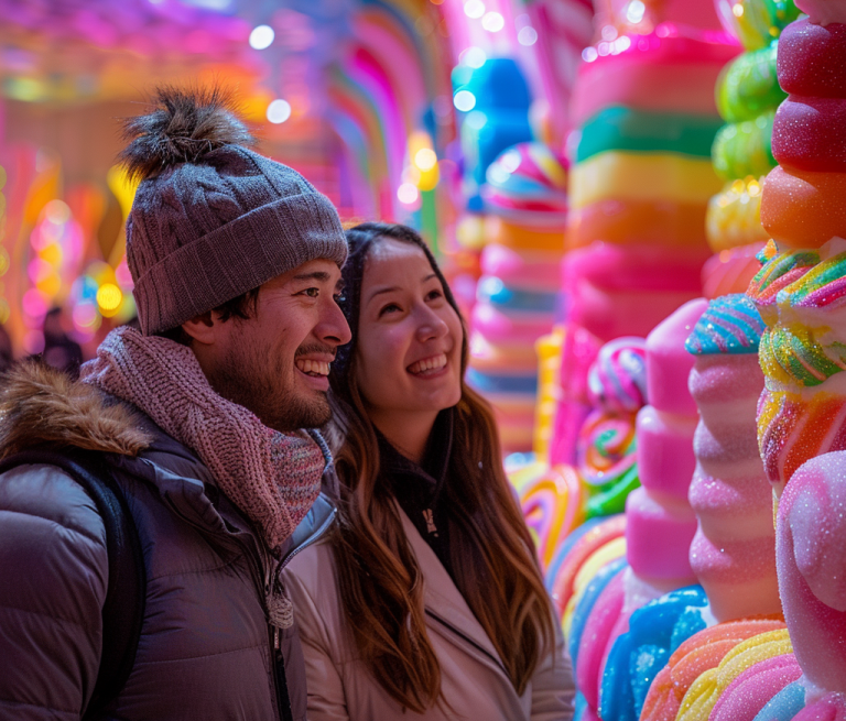 Ein Paar genießt einen farbenfrohen Weihnachtsmarkt, umgeben von leuchtenden Süßigkeiten und festlicher Atmosphäre, perfekt für romantische und festliche Momente.