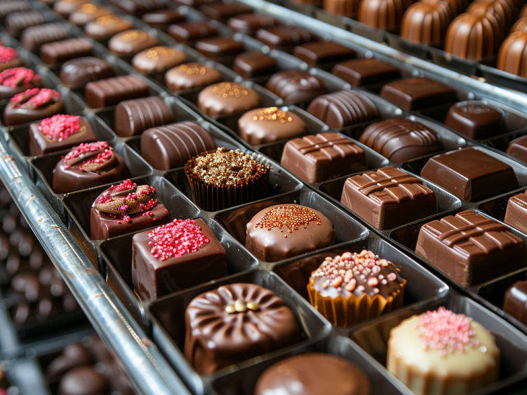 Eine Vielzahl an handgefertigten Pralinen und Schokoladen in verschiedenen Formen und Verzierungen, perfekt als Geburtstagsgeschenk